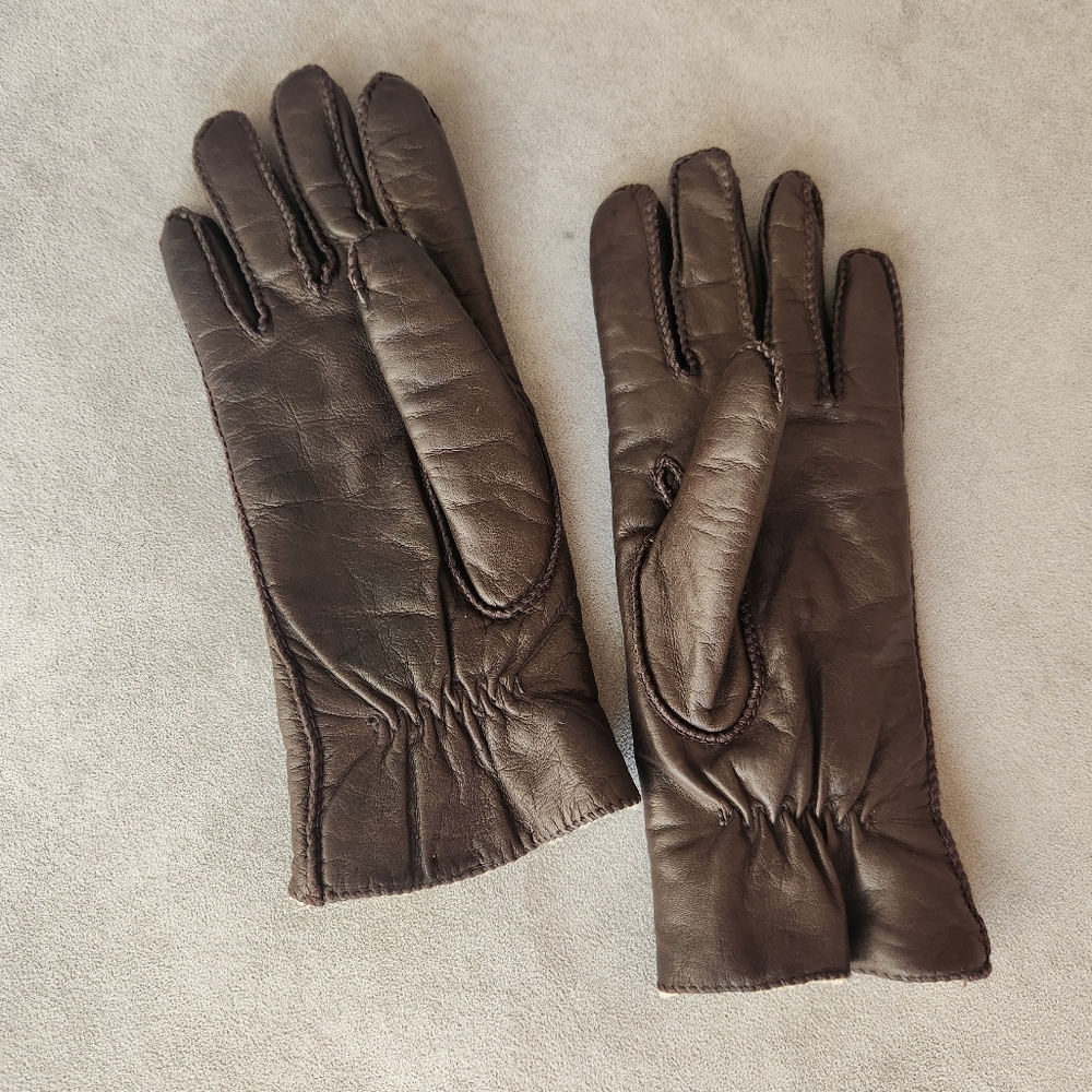 Winter gloves women's M dark brown 100% leather faux shearling classic thermal